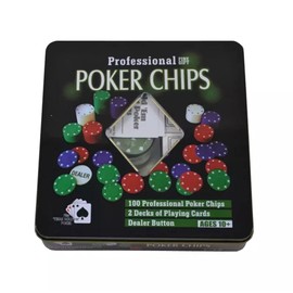 PROFESSIONAL POKER SET GIFT BOX 100 PCS POKER FICHES 2 DECKETS OF GAMING CARDS 1 METAL BOX