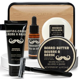 Rinse & Robust Shaving Kit for Men - 6pcs Sandalwood Beard Kit for Men, Beard Butter, Oil, Soap, Shave Balm for Birthday, Christmas Gifts for Father, Husband, Boyfriend