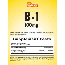 Sundance Vitamin B-1 | 100mg | 100 Tablets | Essential Vitamin Supplement | Vegetarian, Non-GMO, and Gluten Free Formula