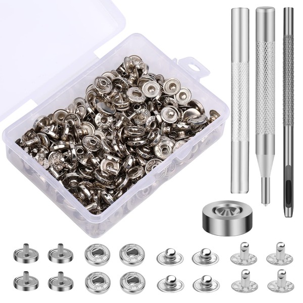 50 Sets Snap Button Kits, Leather Snaps Fasteners Kit 10mm Metal Buttons Snap kit with 4pcs Snap Fastener Installation Tools for Sewing Clothing, Bracelets, Jackets, Bags Belt, DIY Crafts (Silver)