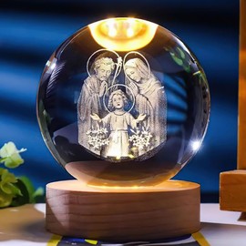 Jesuspirit - Christian Decor, Wooden Light Base Crystal Ball Night Light, Home Decor - Christian Gifts for Men and Women (Catholic Holy Family)