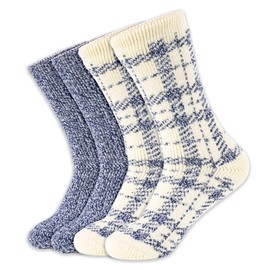 HOT FEET 2 Pack Warm Cozy Thermal Socks for Women - Thick Insulated Crew for Cold Winter Weather. Denim / Buffalo Plaid