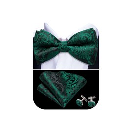 Barry.Wang Mens Bow Tie Paisley Dark Green Black Pre-Tied Bowties Pocket Square Cufflinks Set Formal Wedding Party Prom