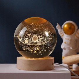 QIANCHANG Solar System 3D Crystal Ball Night Light with Stand, Galaxy Glass Sphere Lamp, 60mm Laser Etched Crystal Paperweight Decorative Balls Gifts