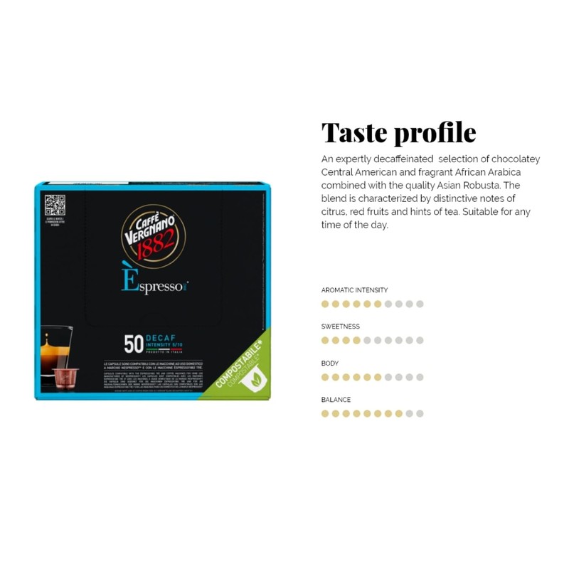 Caffè Vergnano 1882 Èspresso Decaffeinato, compostable Nespresso® compatible capsules -