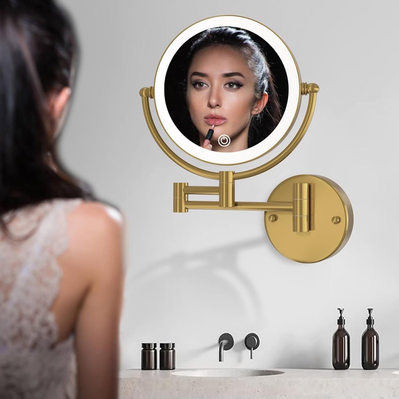 Hardwired Bathroom Makeup Mirror Wall Mount Gold, Double Sided 1/10X