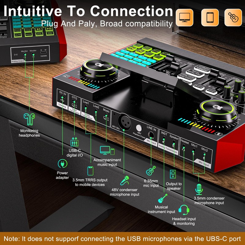 Podcast Equipment Bundle with Live Sound Card Audio Mixer, 3.5mm