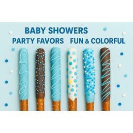 Chocolate Coated Blue Pretzel Rods – Assorted Toppings – Bulk 50 Pack – Individually Wrapped – Baby Shower Favors, Party Treats, Candy Table Snacks