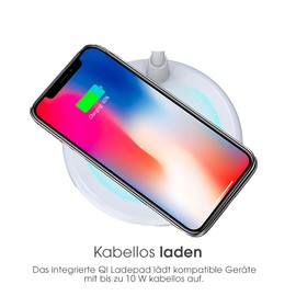 TerraTec ChargeAir Light & Sound LED Desk Lamp Dimmable Table Lamp with Flexible Arm, 3W Bluetooth Speaker, 10W Wireless QI Charging Pad, with Touch Control - White