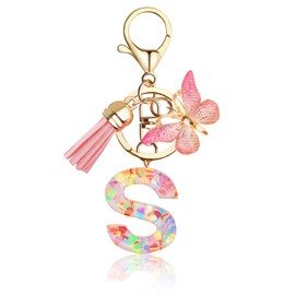 DAJISI Initial Letter Keychains for Women and Girls, Alphabet Initial Letter Key Ring Tassel Butterfly Pendant Keychain for Wallet Backpack Handbags