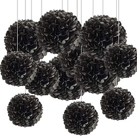 CC wonderland zone 12Pcs Black Hanging Tissue Paper Pom Poms Decorations for Party Ceiling Wall Tissue Flowers Decorations, 6Pcs of 12in & 6Pcs of 10in