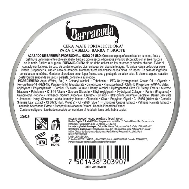 Cera para cabello Barracuda Mate fortalecedora 60g