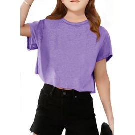 Girls Short Sleeve Crop Tops Kids Fashion Oversized Cute Crew Neck Cropped Athletic T Shirts Trendy Back to School Clothes Purple