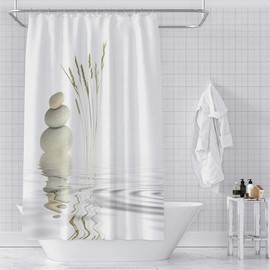 OERJU Casual Style Shower Curtain Zen Stone Wild Grass Reflection in Water Meditation Design Bath Curtain Waterproof Polyester Fabric Bathroom Decor Set with Hooks 65x72inch