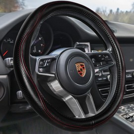 HAOKAY Top Grade Black Genuine Leather Steering Wheel Cover Women Men, Luxury Steering Wheel Cover for Cars, SUVS and Trucks, Universal 14.5-15 inch