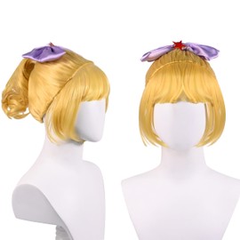 abouder Golden Yellow Curly Pony Tail Wig Bright Yellow Wave Wigs with Purple Bow Hairpin Women's Costume Wig for Cosplay Party