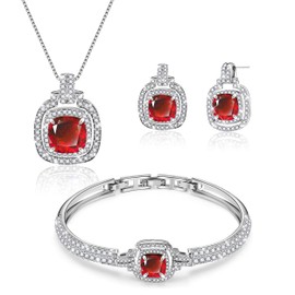 Menton Ezil Celestial Whispers Crystal Jewelry Sets For Women 18K White Gold Bracelet Necklace and Earrings Sets for Wife Girlfriend or Mothers Idea Gift for Special Women in Life(Ruby)