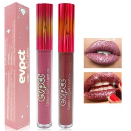 Likesing Pack of 2 Glitter Lipstick Set, Lip Gloss, 24 Hour Hold, Matte Lipstick, Lip Gloss, Long Lasting Lipstick, Pink Red Lip Balm, Make-Up, Women's Lip Gloss, Birthday Gift (2 Pieces (1.15))