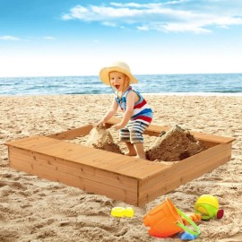 Costway Kids Outdoor Wooden Play Sandbox Toy with Bench Seats and 2 Side Storage Boxes