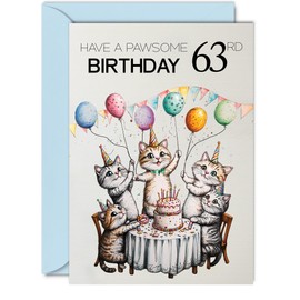 63rd Birthday Card for Women Men - Pawsome Party Cats Balloons - Happy Birthday Cards for 63 Year Old Woman Man, 5x7 Inch Cat Bday Greeting Cards