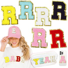 6 Pcs Large 3 Inch R Chenille Letter Patches, Iron on Letters for Fabric and Clothing, Glitter Embroidery Varsity for Letterman Jacket, Backpacks Hats, Sew or Iron on