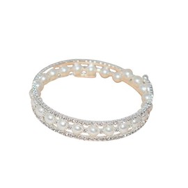 Hilufiet Elegant Multi Row Bracelet Crystal Pearl Cuff Rhinestone Bridals Crystal Stunning Bangle Bracelet Layered Cuff Bracelet for Women-Silvery