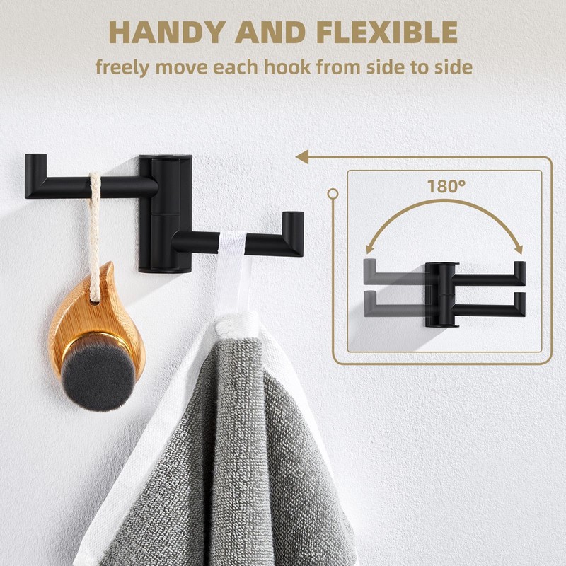 Angle Simple Swivel Double Towel Hook Matte Black, 304 Stainless