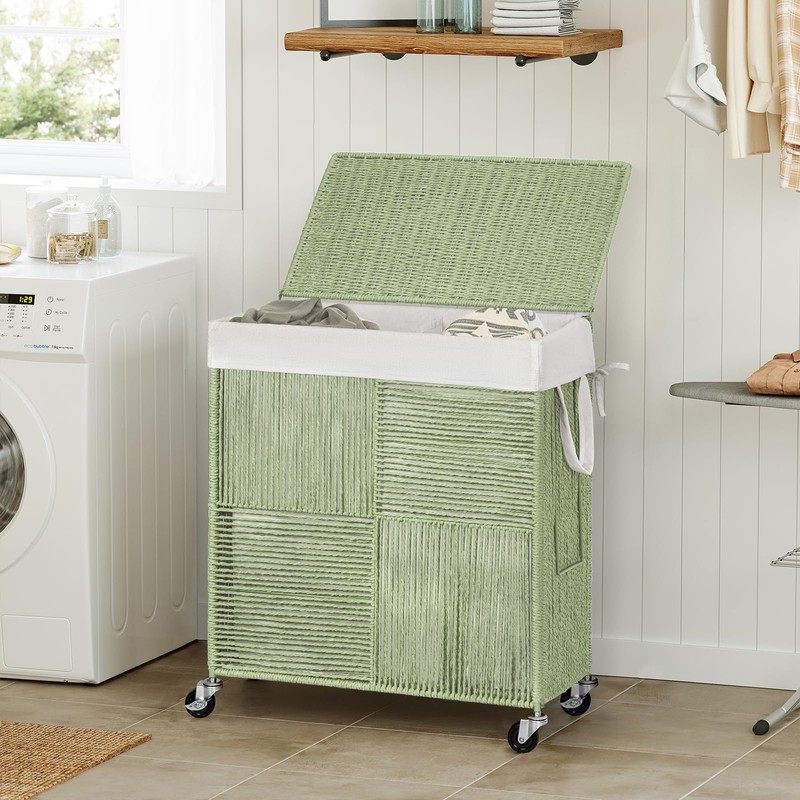 WOWLIVE Double Laundry Hamper with Lid, Handwoven Rolling Laundry Basket