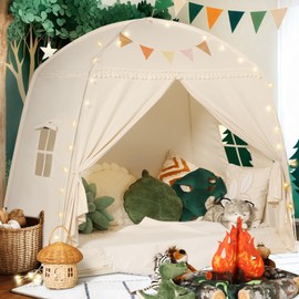 Sumbababy Large Teepee Tent for Kids: with Star Lights & Flags - Tent for Kids Indoor Kids Teepee Tent for Boys & Girls - Toddler Play Tent for Kids Inside Canopy Bed for Playroom Gift Toys (Cream)