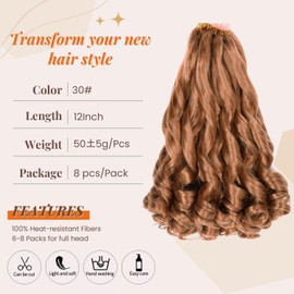 Flyroseing 12 Inch French Curl Braiding Hair 30# Short French Curls Braids Extensions Hair with Curly Ends Pre Stretched Brown Braiding hair for Women 8 Packs for Daily Use/Vacation/Long Lasting