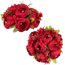 NUPTIO Peony Artificial Flowers for Centerpieces: 2 Pcs 9.4 inch Diam Red Faux Peony Flowers Fake Flower Balls Arrangement Bouquet Wedding Centerpieces for Tables Wedding Centerpiece Decorations