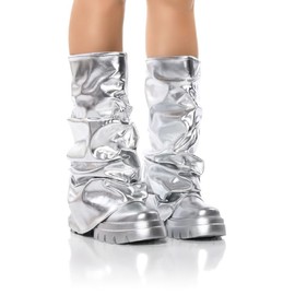 sexytag Silver Metallic Boots Slouchy Foldover Boots for Women Mid Calf Platform Round Toe Western Pull-On Fashion Shark Booties Silver Size 9