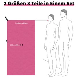 Pameil Microfibre Towel Set of 3 (160 x 80 cm Large Bath Towel + 2 Pieces 80 x 40 cm Small Towel), Travel Towel Quick-Drying Microfibre Towels for Fitness Sauna (Pink)