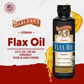 Barlean's Organic Lignan Flaxseed Oil Liquid Supplement from Cold Pressed Flax Seeds, 7,230 mg ALA Omega-3 Fatty Acids for Healthy Hair, Skin, and Eyes, Gluten Free, 12 oz