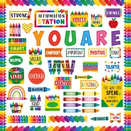 Mooliwe 90 Pcs Crayon Affirmation Station Classroom Bulletin Board Set Motivational Bulletin Board Back to School Positive Affirmations Accent Cutout Mirror Growth Mindset Decor for School Office Home