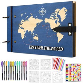 ZEEYUAN Wooden Photo Album for DIY World Map Scrapbook Album 60 Black Pages Photo Book with Accessories Set