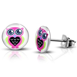 Bungsa Pink Owl Stud Earrings Cute Silver 10 mm – 1 Pair Stainless Steel (Earrings Ear Jewellery Ear Clips Owl Women Men Fashion Studs Earrings), Stainless Steel, No Gemstone