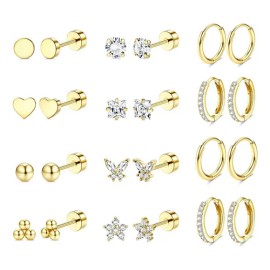 12pare Aretes De Oro 14k Mujer Arracadas Piercing Cartílago