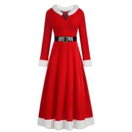 GRAJTCIN Women's Christmas Santa Claus Costume Red Maxi Dress Velvet Xmas Long Sleeves Mrs. Claus Cosplay (XX-Large, Red)