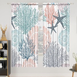 Renaiss 26 x 63 Inch Summer Coastal Coral Blackout Curtains Starfish Seashell Vintage Undersea Ocean Beach Conch Privacy Back Tab Curtain for Ocean Theme Room Restaurant Cafe Linen Texture 2 Panels