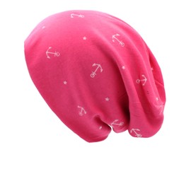 Glamexx24 Long Classic Beanie Hat: Men's Women's Winter Hat, Unisex Running Hat for Spring, Autumn and Winter with Anchor Pattern, Pink with anchor and star pattern