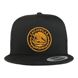Trendy Apparel Shop Zacatecas Mexico Patch 5 Panel Flatbill Trucker Cap - Black - Gold Patch