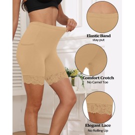 Pafnny Anti Chafing Satin Boyshorts with Pockets Cooling Shorts for Women Slip Shorts with Lace for Under Dresses