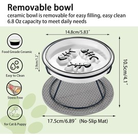 Cat Slow Feeder, Elevated Cat Food Bowl Raised Design, Dog Slow Feeder Bowl with Metal Stand, No Black Chin, Anti Vomit, Shallow Whiksker Friendly for Wet and Dry Food for Indoor Cat