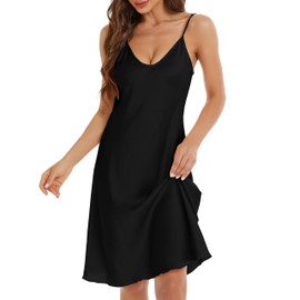 Xuepelit Satin Nightdress Women's Sexy Underdress Negligee Babydoll Sleepwear Spaghetti Straps Night Dress White Black V Neck, black