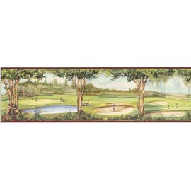 Blonder Golf-Themed Wallpaper Border, Neutral with Green and Blue Accents, 6.875 Inches Wide by 15 Feet Long