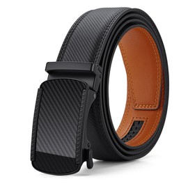 VANNANBA Cinturón de cuero para hombre con hebilla automática de trinquete para hombre, con caja de regalo, Negro - Anaranjado, 34"-36" Waist Adjustable