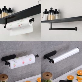 Soporte para toallas de papel con 2 ganchos debajo del gabinete para cocina, autoadhesivo o tornillos, soporte para rollo de cocina, baño de acero ino