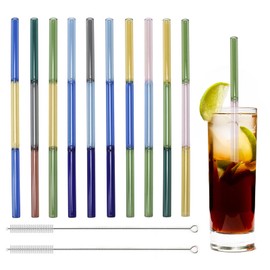 VirtuGro 10PCS Glasstrohhalme Trikolore Strohhalme Glas Glasstrohhalme Lang Trinkhalme Glasröhrchen Waschbar mit 2 Reinigungsbürsten Ideal Für Smoothie Milchshake Cocktail Säfte