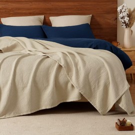 PHF 100% Cotton Waffle Muslin Blanket King Size, 104" x 90" Lightweight and Breathable Washed Cotton Blanket, Aesthetic Soft Muslin Waffle Bedding for Sofa Bed Home Decor, Oak